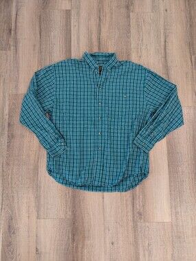 Eddie Bauer Button Down Shirt Mens XL Green Plaid Cotton Hong Kong